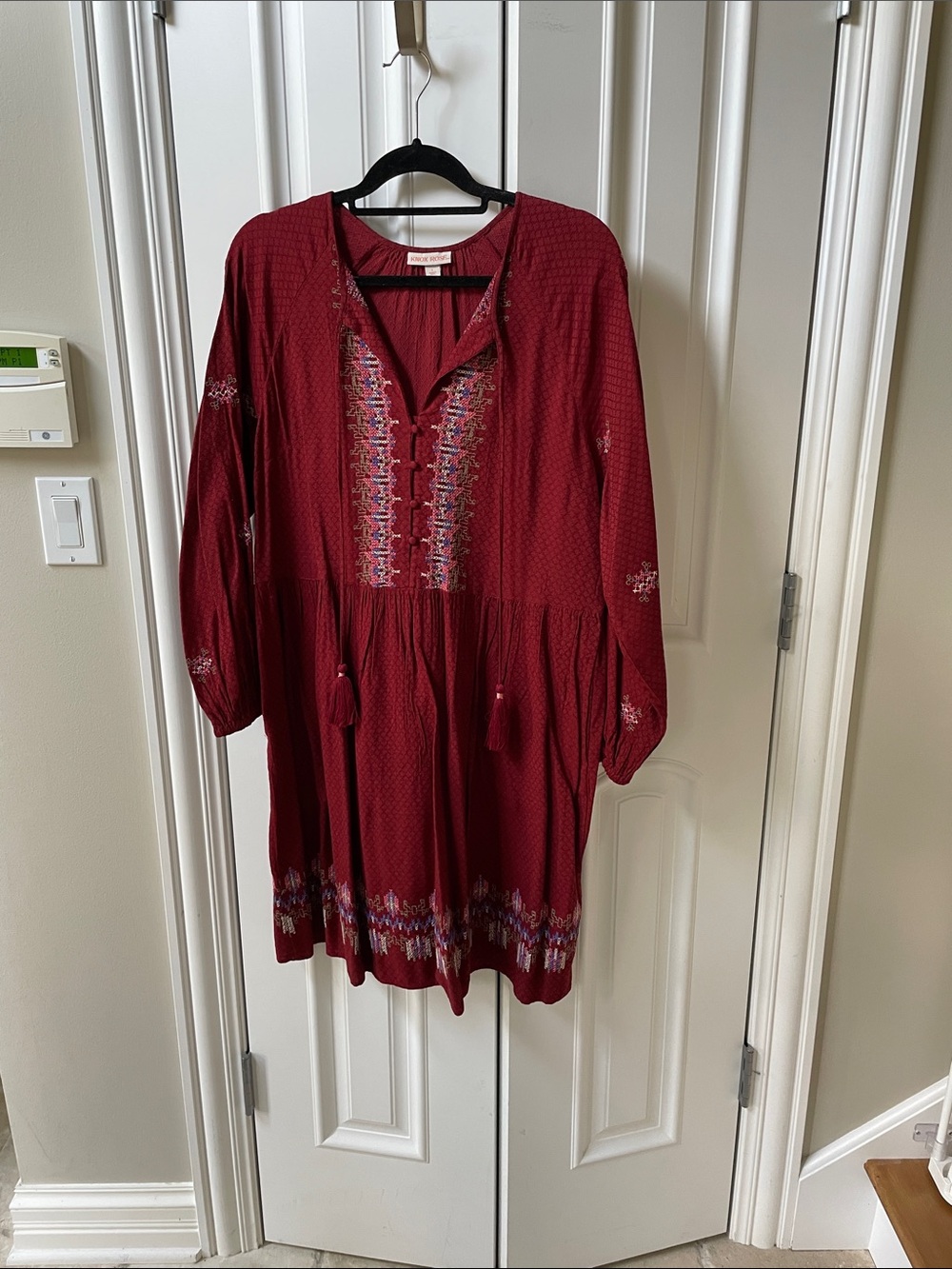 Knox Rose Burgundy Embroidered Long Sleeve Tunic Dress